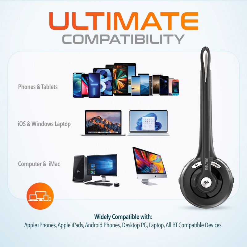 Delton 10X Bluetooth Computer Headset, Over-The-Head Single Ear Wireless Headset with Noise Canceling Mic for Computer/Laptop/Call Center/Truck Driver, Works with All Meetings Apps - Black - Image 3